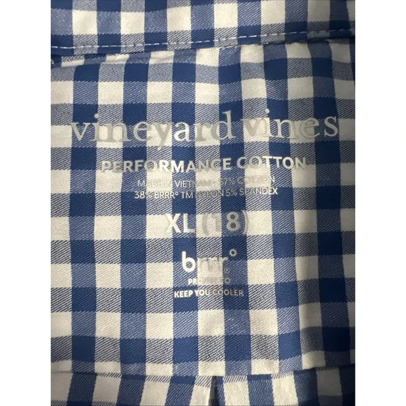 Vineyard Vines Performance Boys Blue / White Gingham Check Whale Shirt Sz XL 18 - Picture 4 of 8